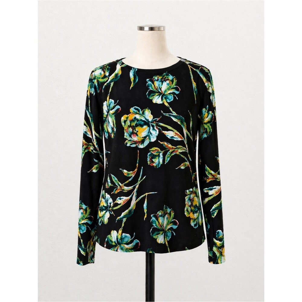 Chico’s Tropical Floral Knit Top Long Sleeve Stretch Black Multicolor Size 0/S